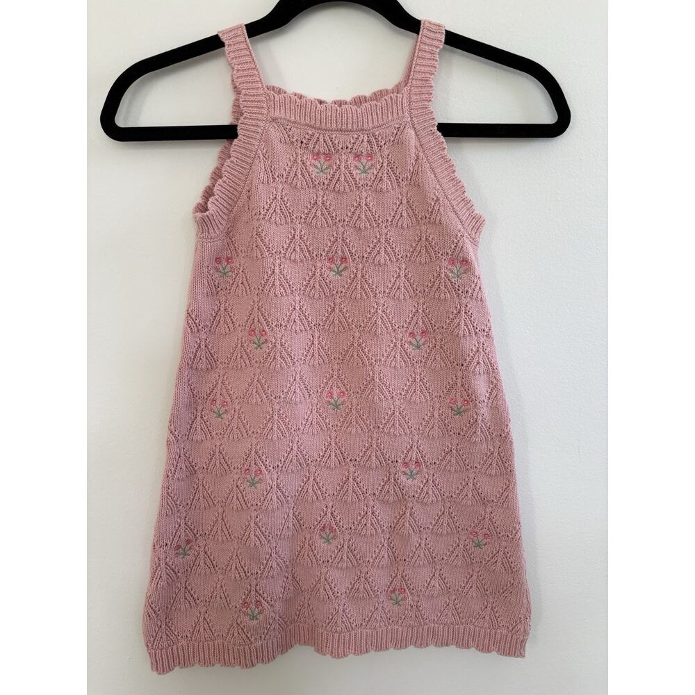 Nicole Miller New York Girls Pink Pointelle Knit Floral Embroidered Dress Size 5